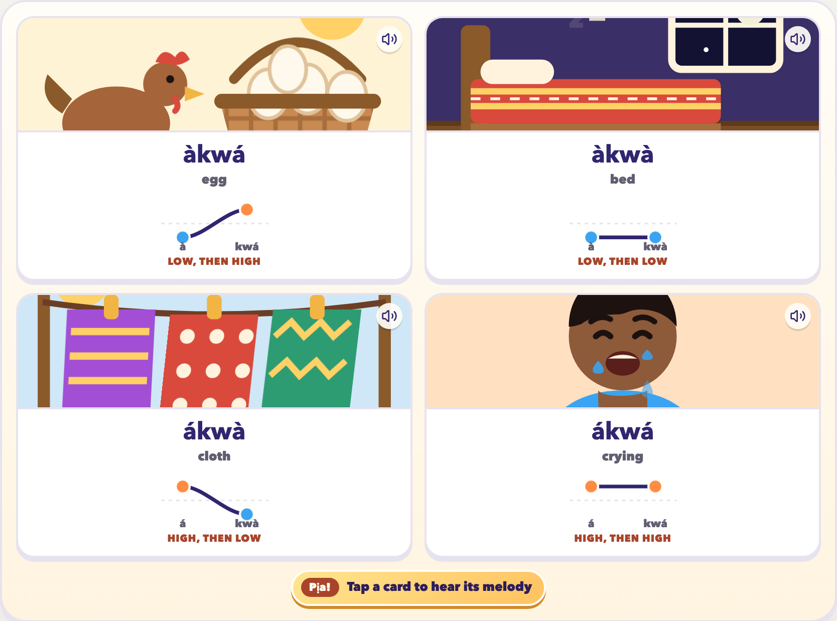 The introduction to Igbo, before the first lesson: the four words spelled akwa, each with the shape its melody makes.